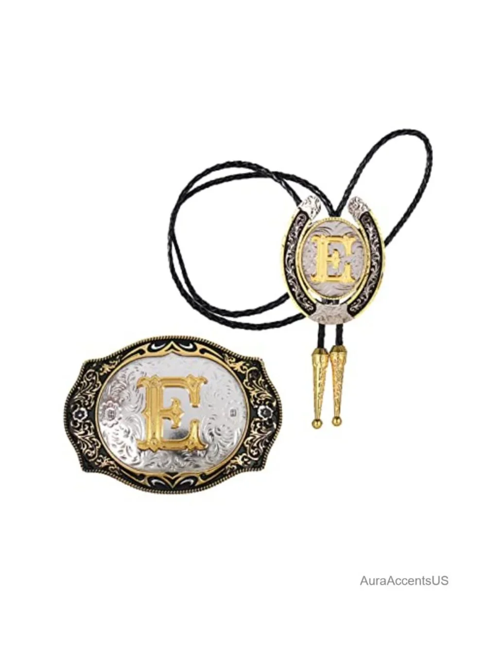 Golden Initial Letter Bolo Tie & Belt Buckle Set Western Cowboy Costume